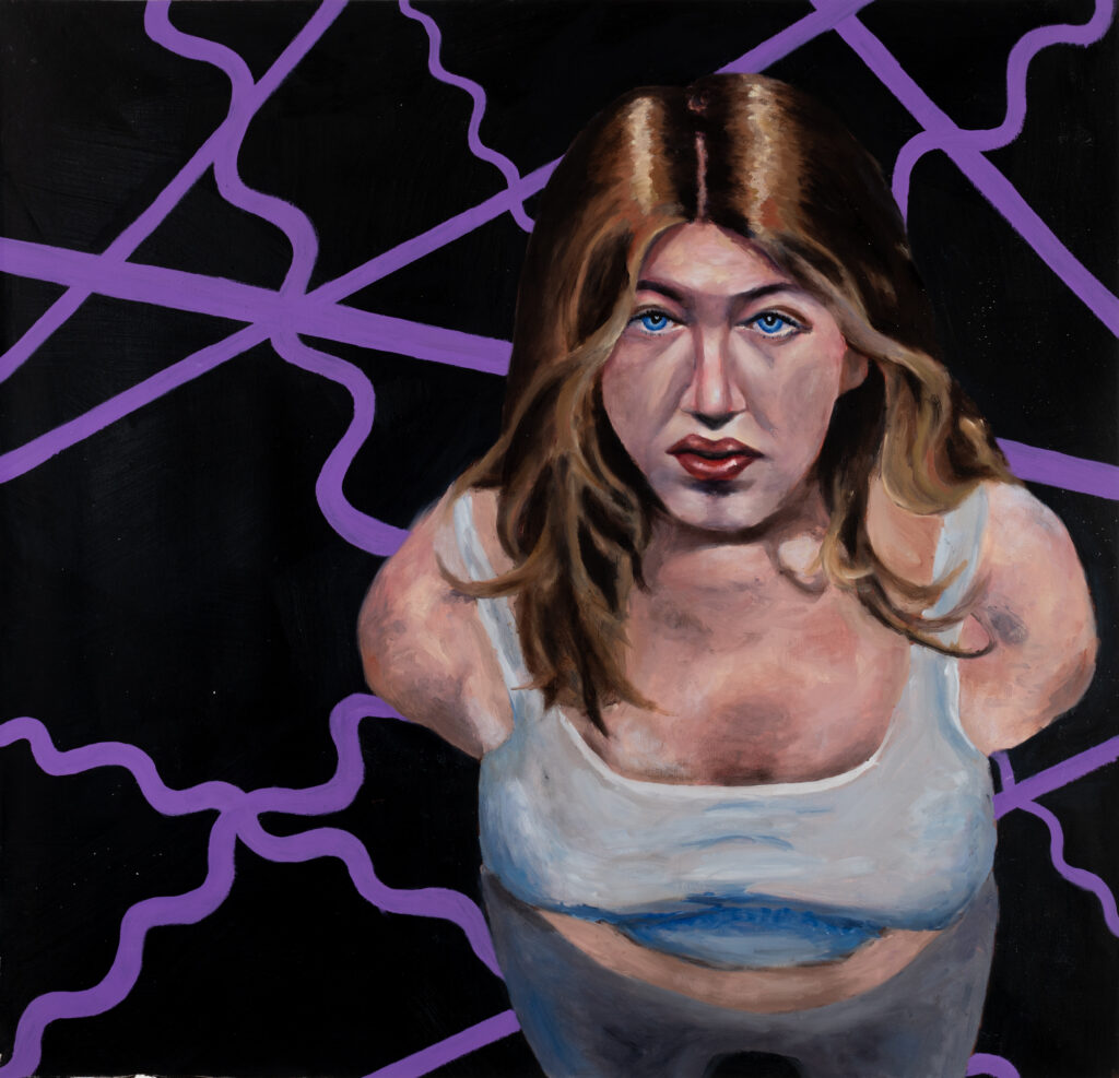oil painting from an overhead perspective of a young woman looking up with purple wavy lines in the background