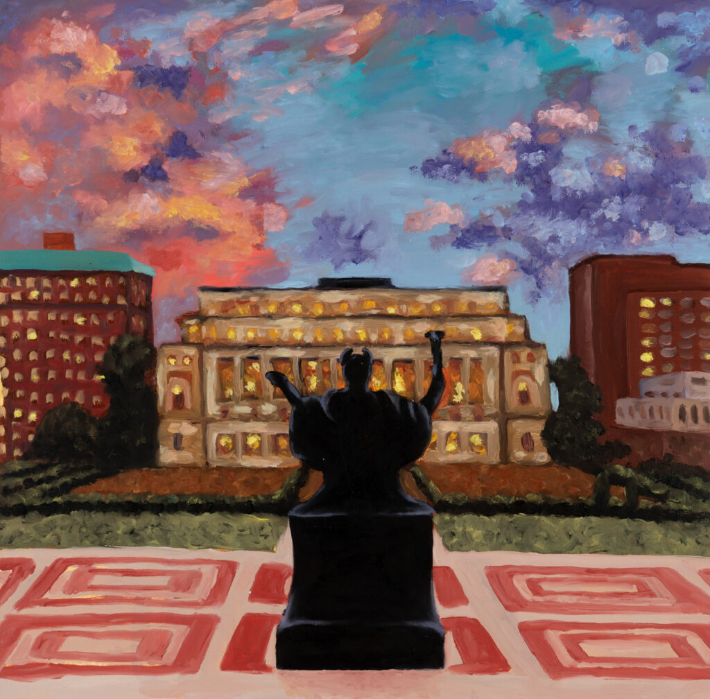 oil landscape painting of Columbia university's main quad, statue, and library