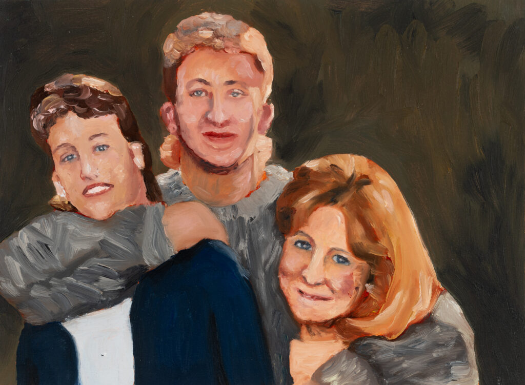 oil portrait of three young adults, two men and one women, hugging