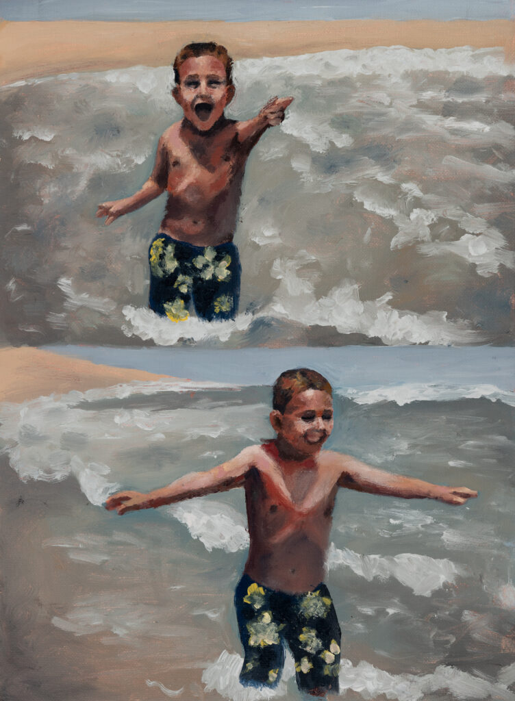 diptych paintings of a young boy playing in the ocean on a beach