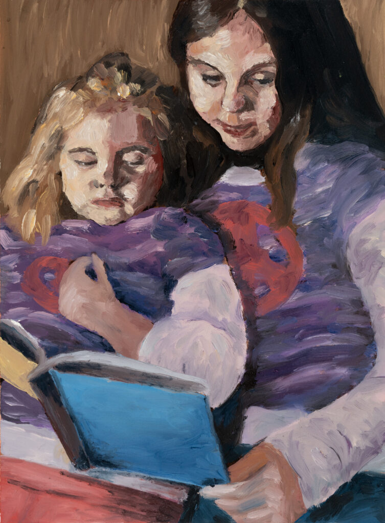 oil painting of two young girls reading a book together