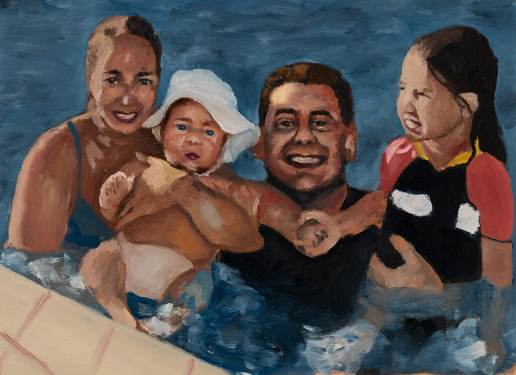oil painting of a family in a swimming pool