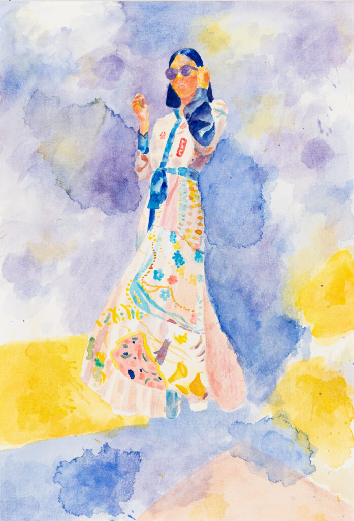 water color painting of a young woman in a long patterned dress