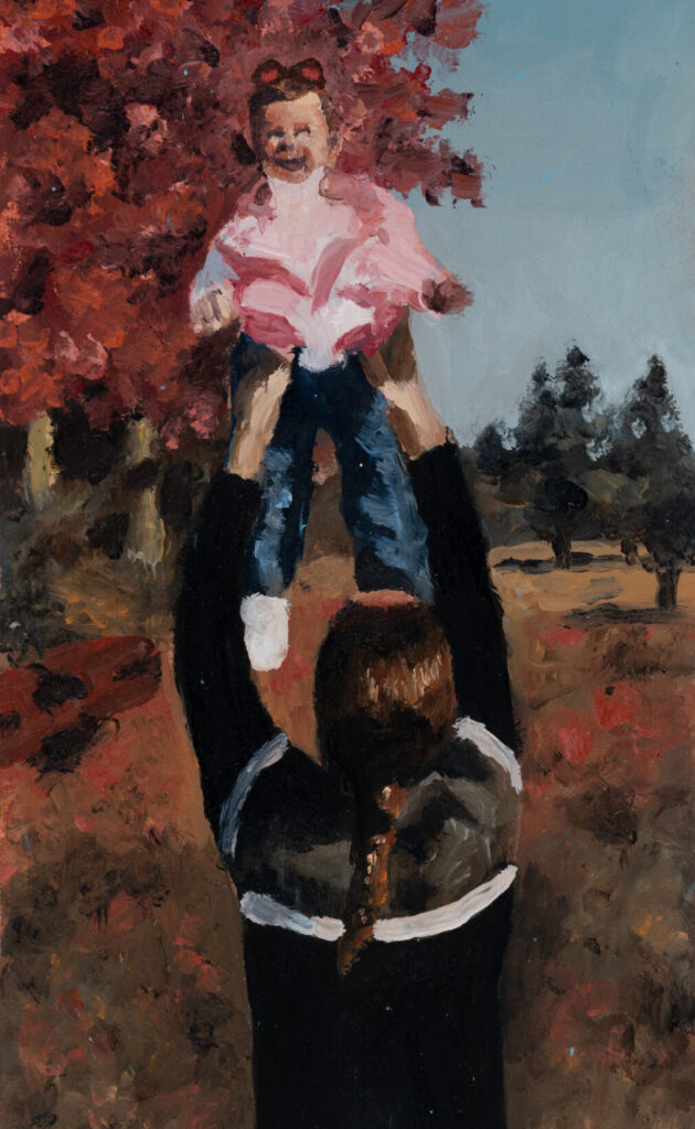 oil painting of a mom holding up a young girl in an apple orchard