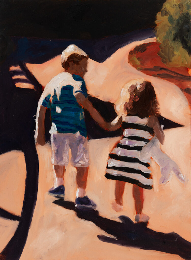 painting of two young children holding hands walking away from the viewer