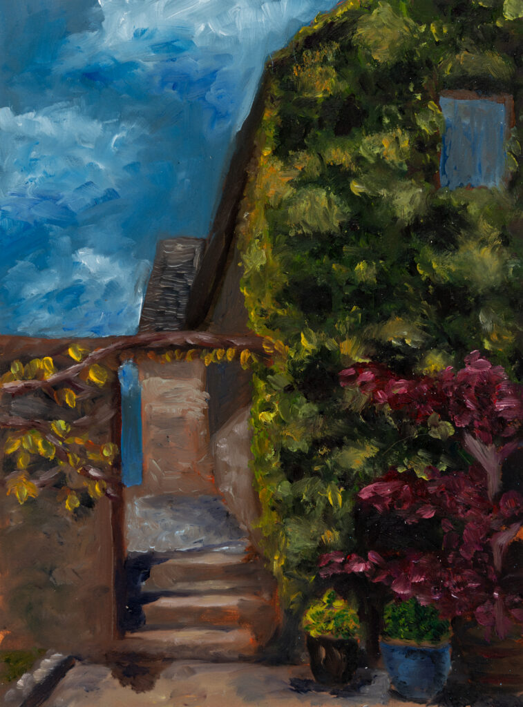 oil landscape painting of a house with ivy growing on it