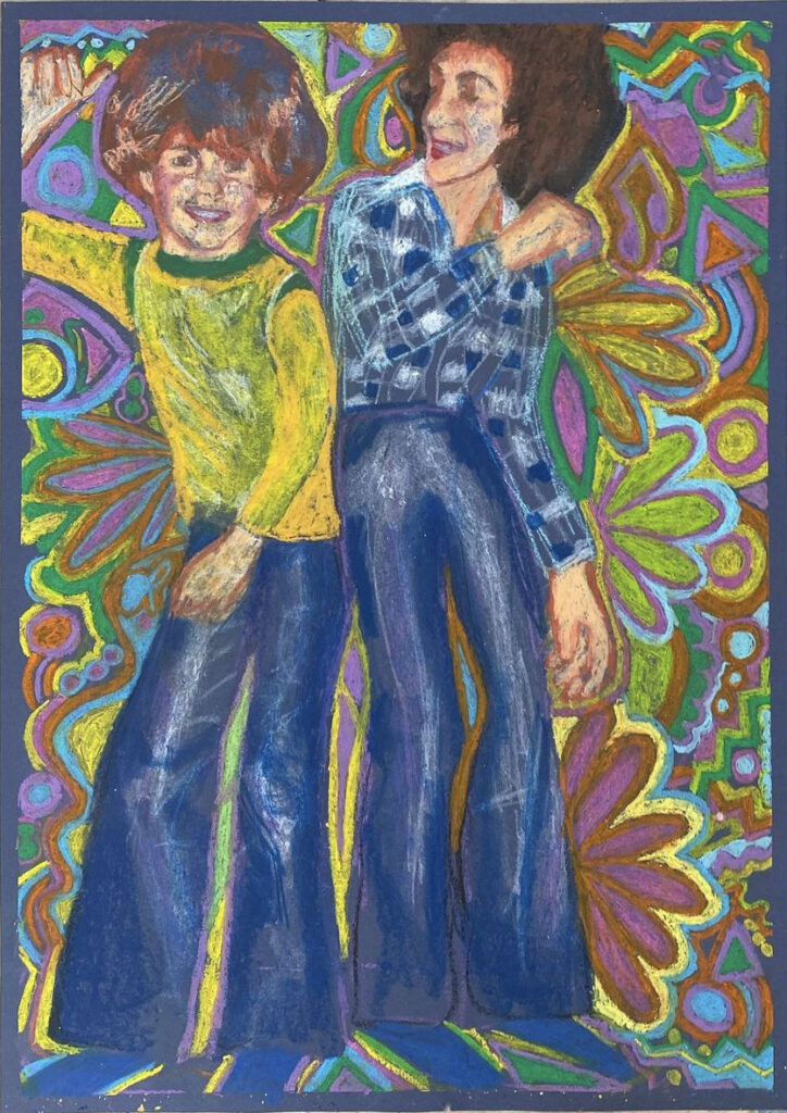 oil pastel drawing of two people dancing in bell bottom jeans with floral and 70s inspired patterns in the back