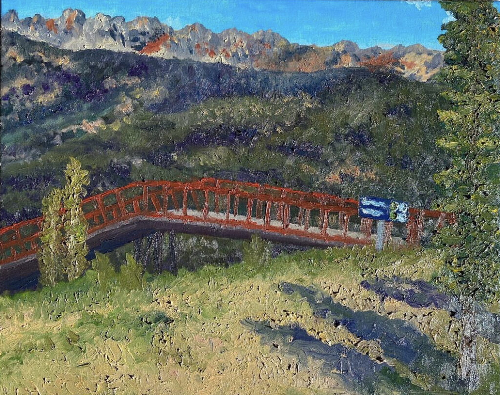 oil painting of mountains and a skiers bridge Montana