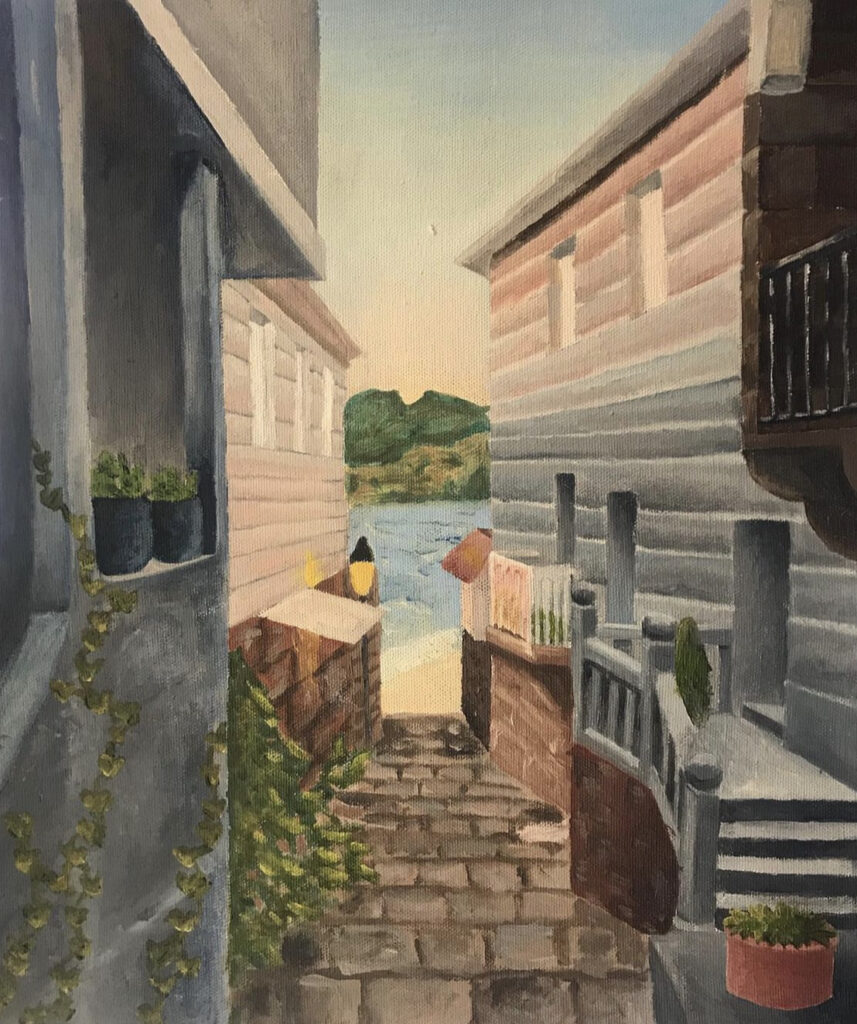 oil painting of an alleyway in Combarro, Spain at dusk