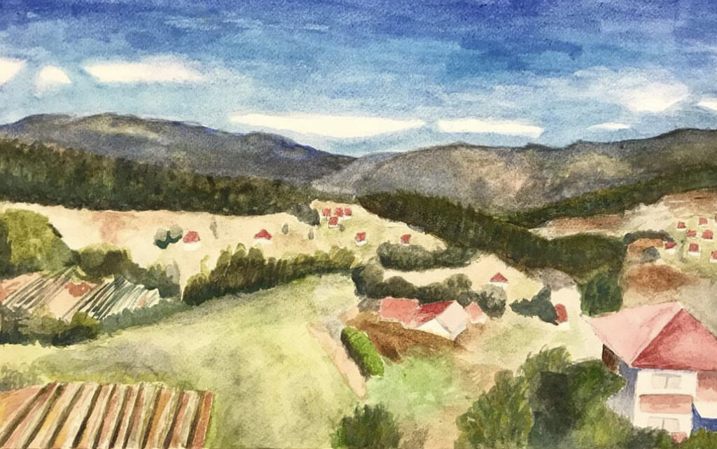watercolor painting of a French landscape