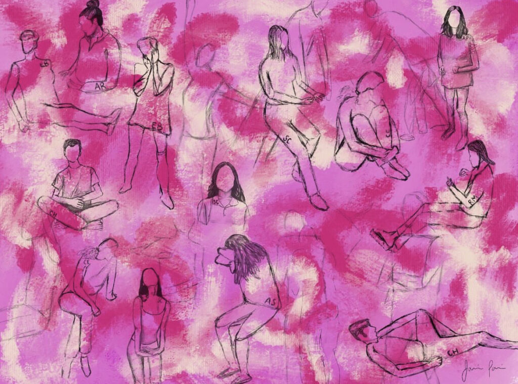 digital drawing of many layered sketched figures with textures of pink in the background