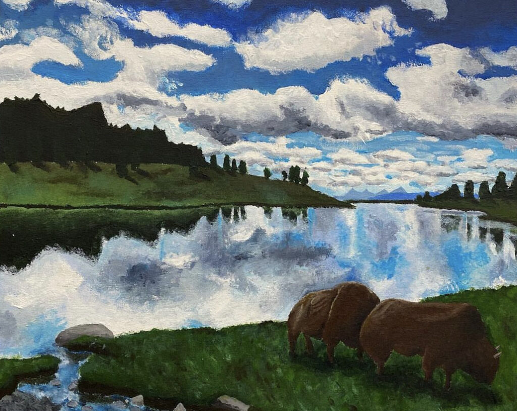 acrylic painting of a sky's reflection on a lake with two bison in the foreground