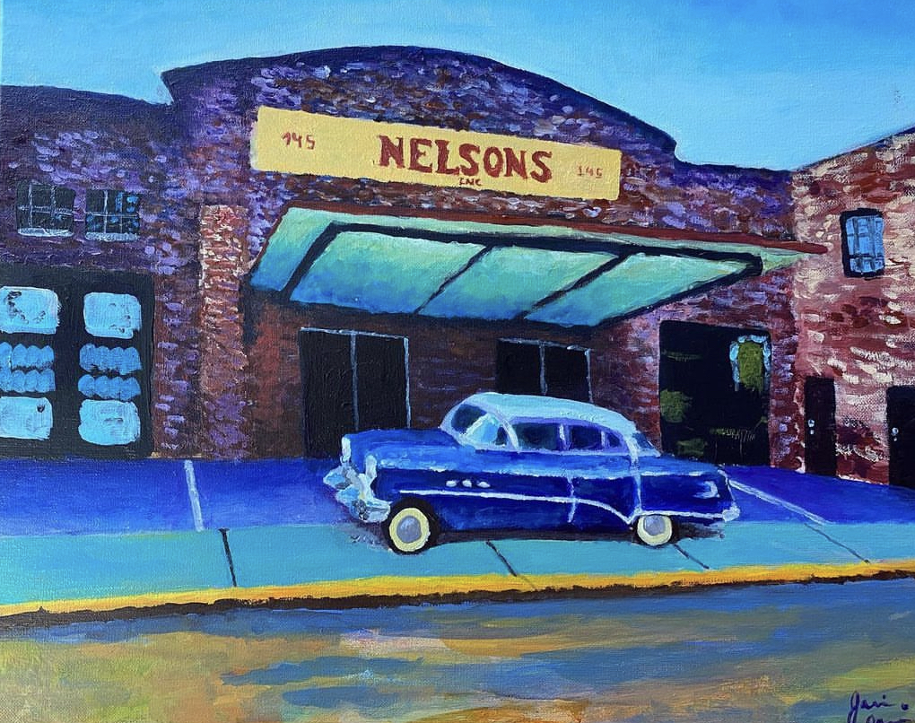 acrylic painting of a carhop with a car in front of it