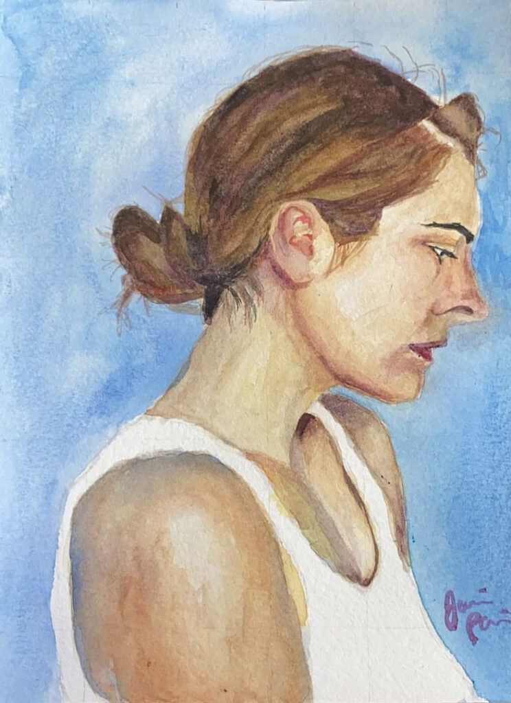 watercolor portrait of a young woman standing in profile